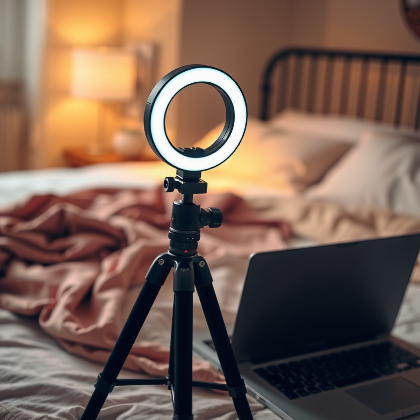 Woman vlogging with laptop and smartphone content creation setup