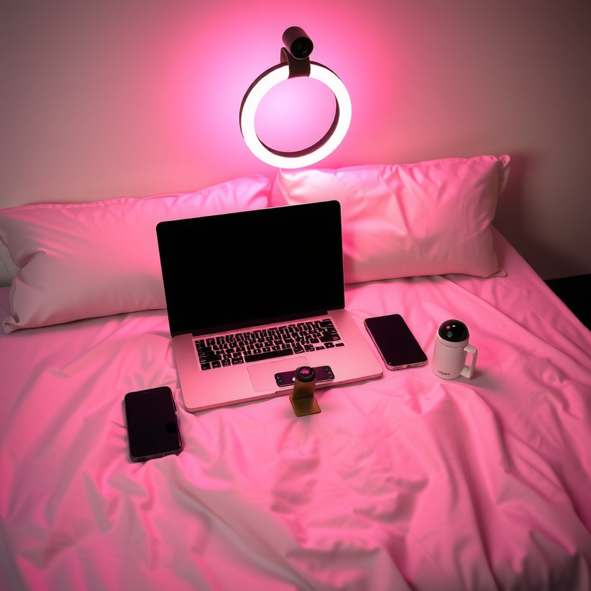 Creator checking phone with satisfied smile in bathroom setting with candles and wine