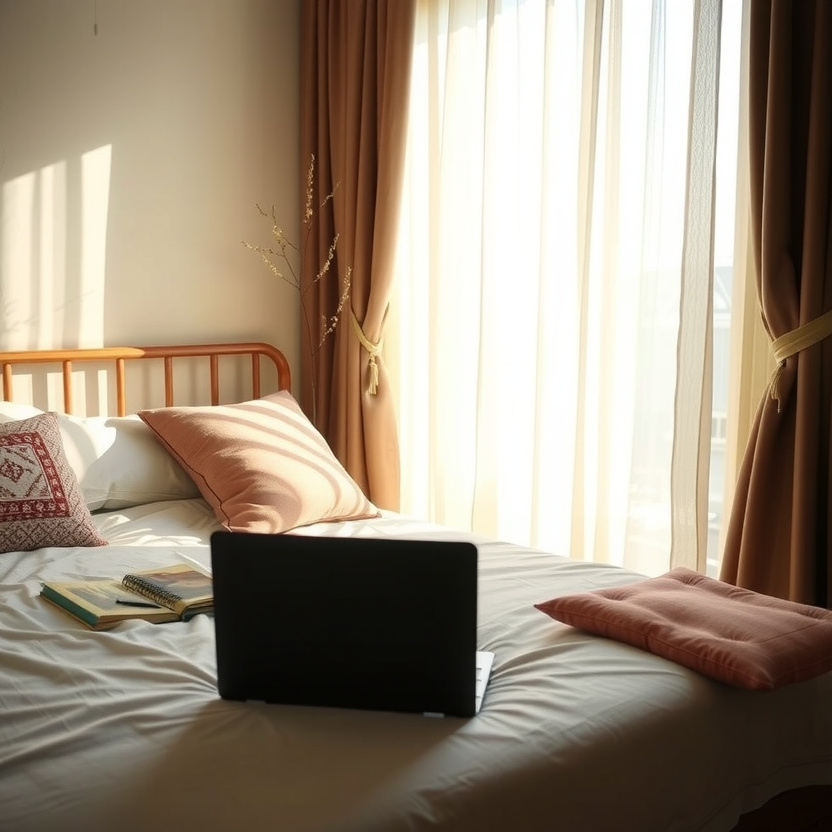 Relaxed cam model engaging with chat on laptop with calm confidence