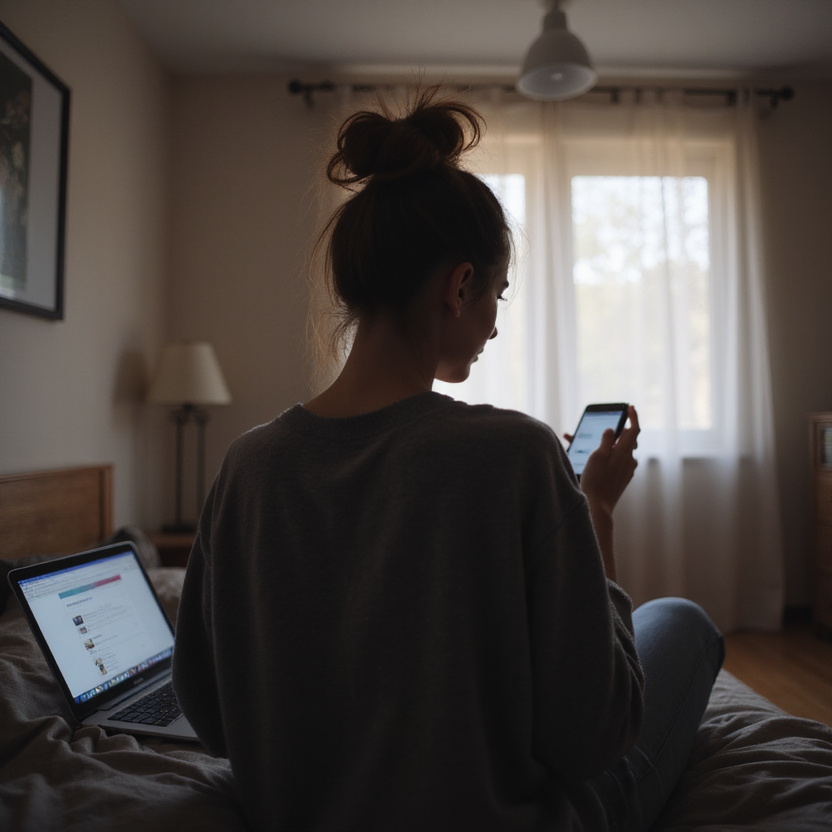 Worried cam model looking at overdue bills and empty bank account